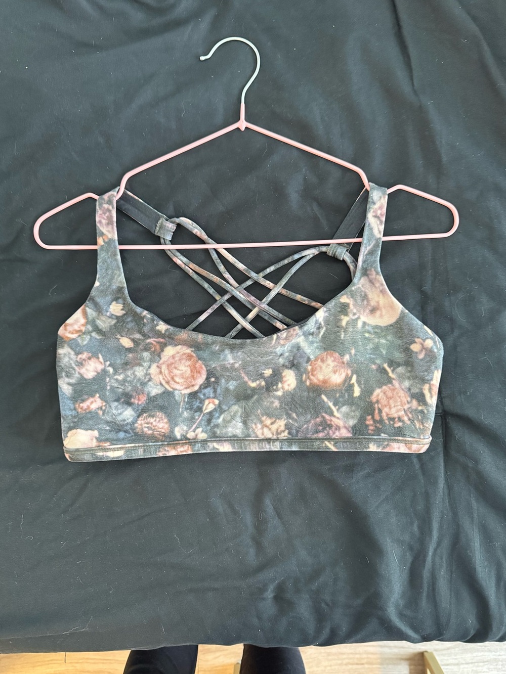 Lululemon Free To Be Wild Gray Pink Floral Strappy Back Sports Bra Size 10